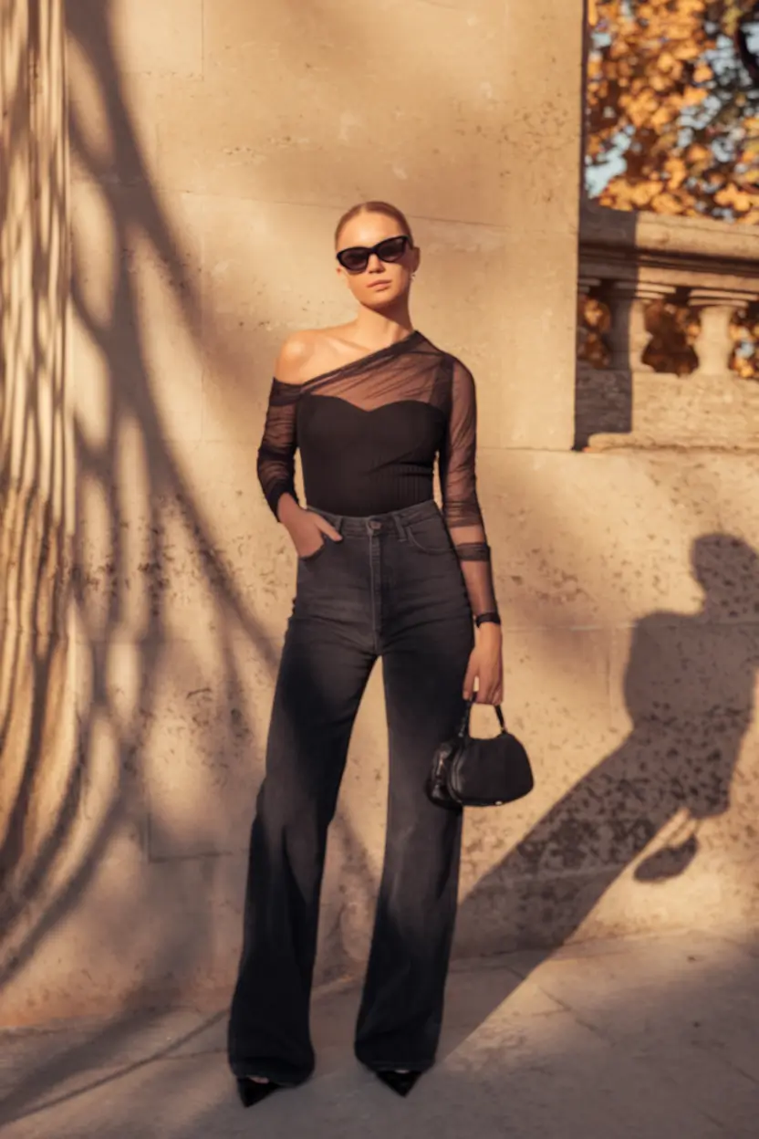trendy fall outfits ideas 2025 All-Black Elegance with Modern Denim