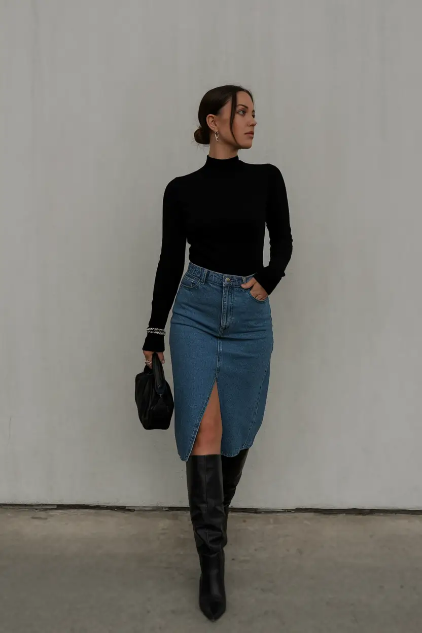 trendy fall outfits ideas 2025 Denim Skirt with Sleek Black Layers