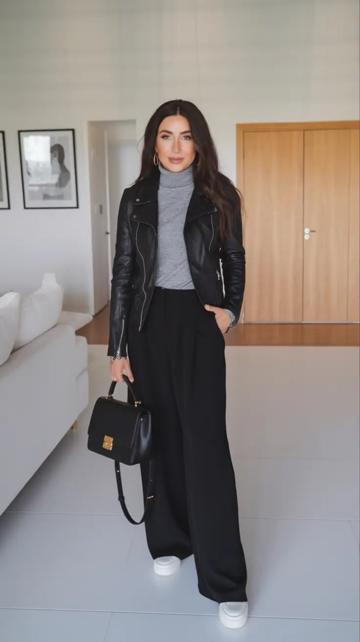 trendy fall outfits ideas 2025 Laid-Back Leather and Wide-Leg Pants