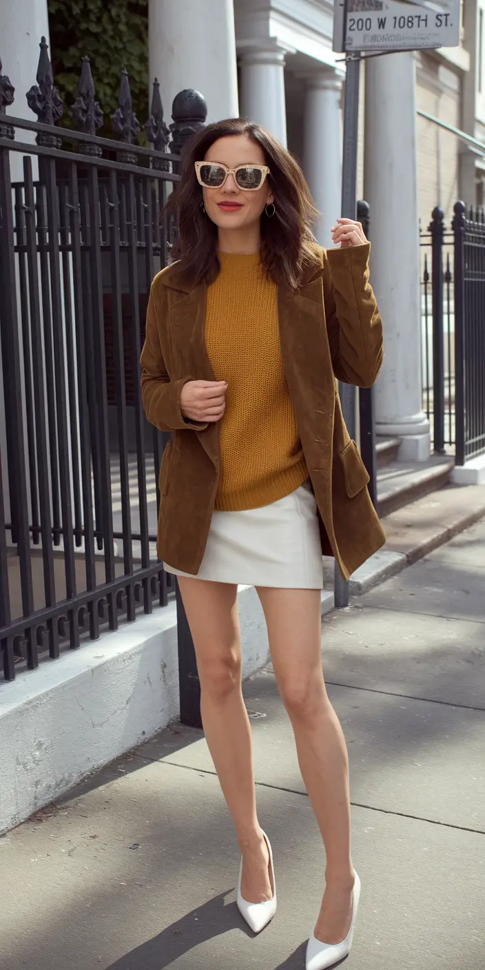 trendy fall outfits ideas 2025 Mustard Sweater with White Mini Skirt