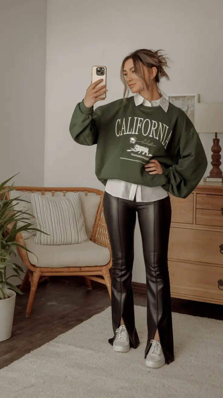 trendy fall outfits ideas 2025 Sporty Layers with Leather Pants