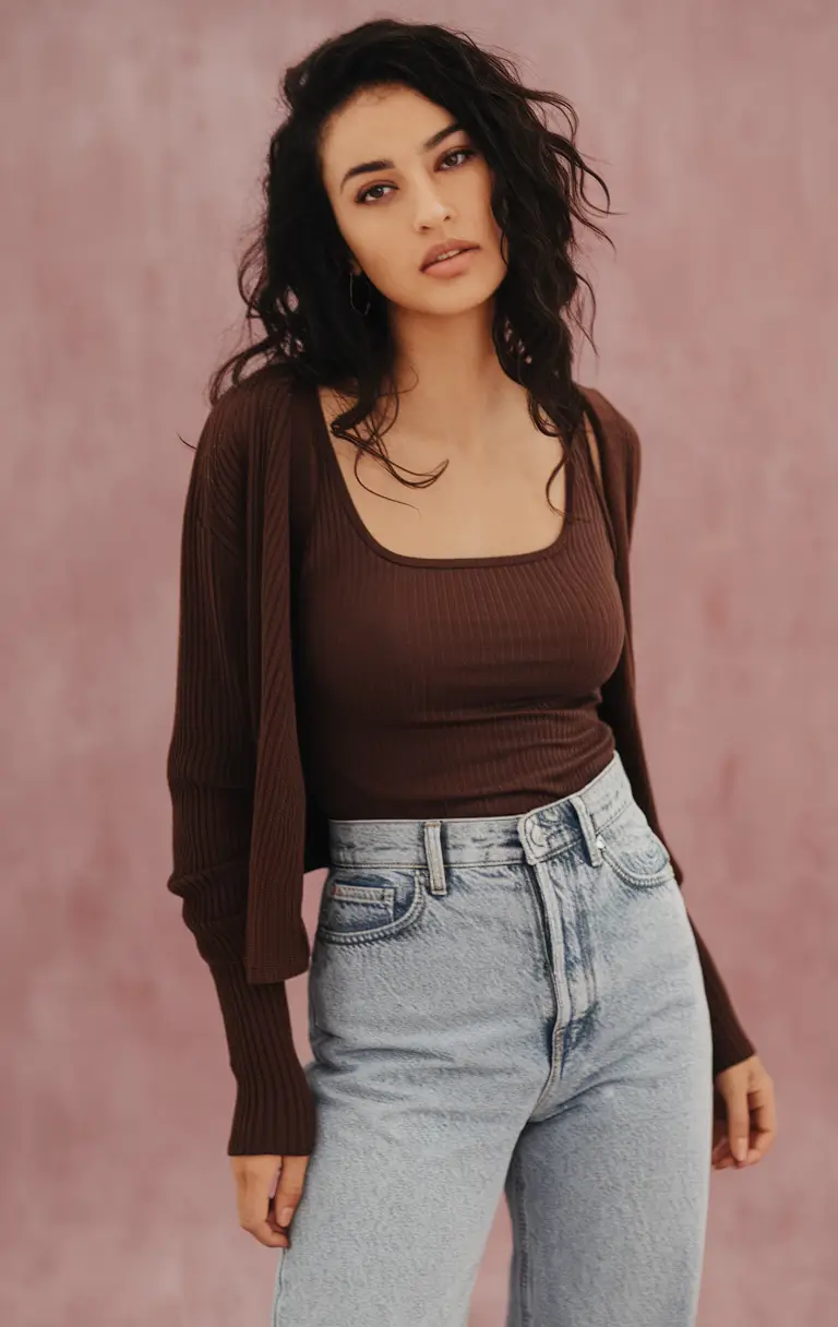 trendy fall outfits ideas 2025 Chocolate Ribbed Knit with Light Denim