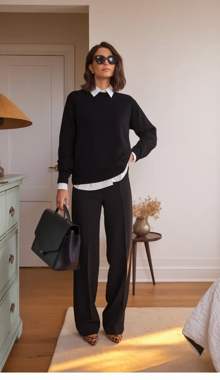 trendy fall outfits ideas 2025 Classic Black and White Office Look