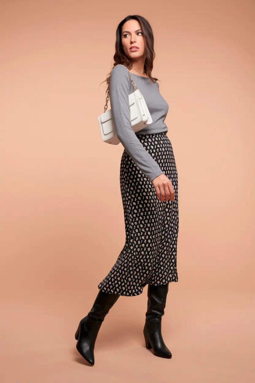 trendy fall outfits ideas 2025 Printed Skirt with Sleek Boots