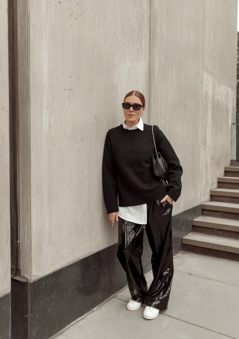 trendy fall outfits ideas 2025 Minimalist Monochrome with Patent Pants