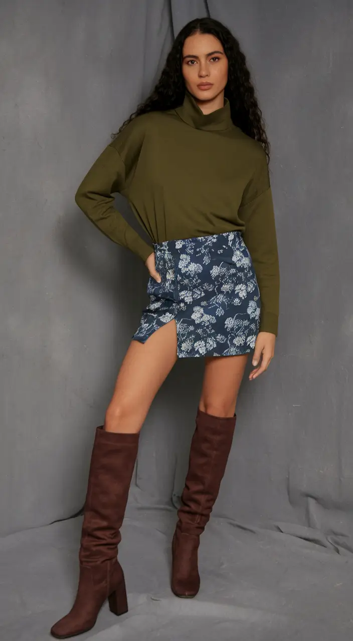trendy fall outfits ideas 2025 Olive and Floral Mini Skirt Combo