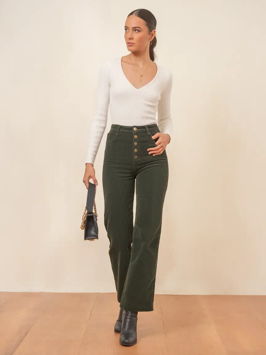 trendy fall outfits ideas 2025 V-Neck Ribbed Top with Corduroy Pants