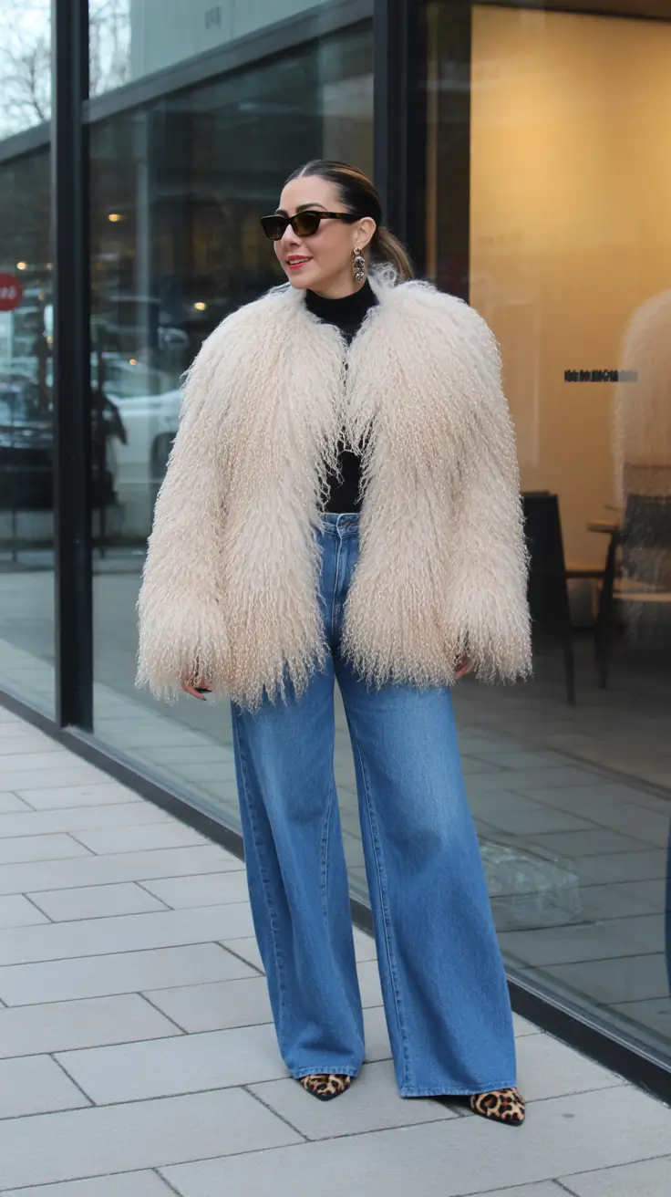 birthday outfit inspiration winter 2025 2026 Fuzzy Coat with Jeans