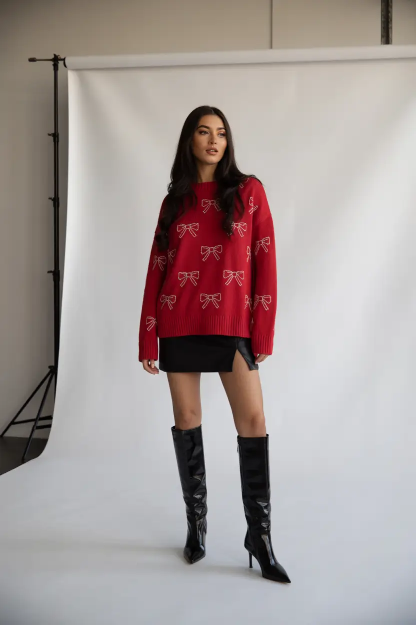 birthday outfit inspiration winter 2025 2026 Red Sweater and Mini Skirt