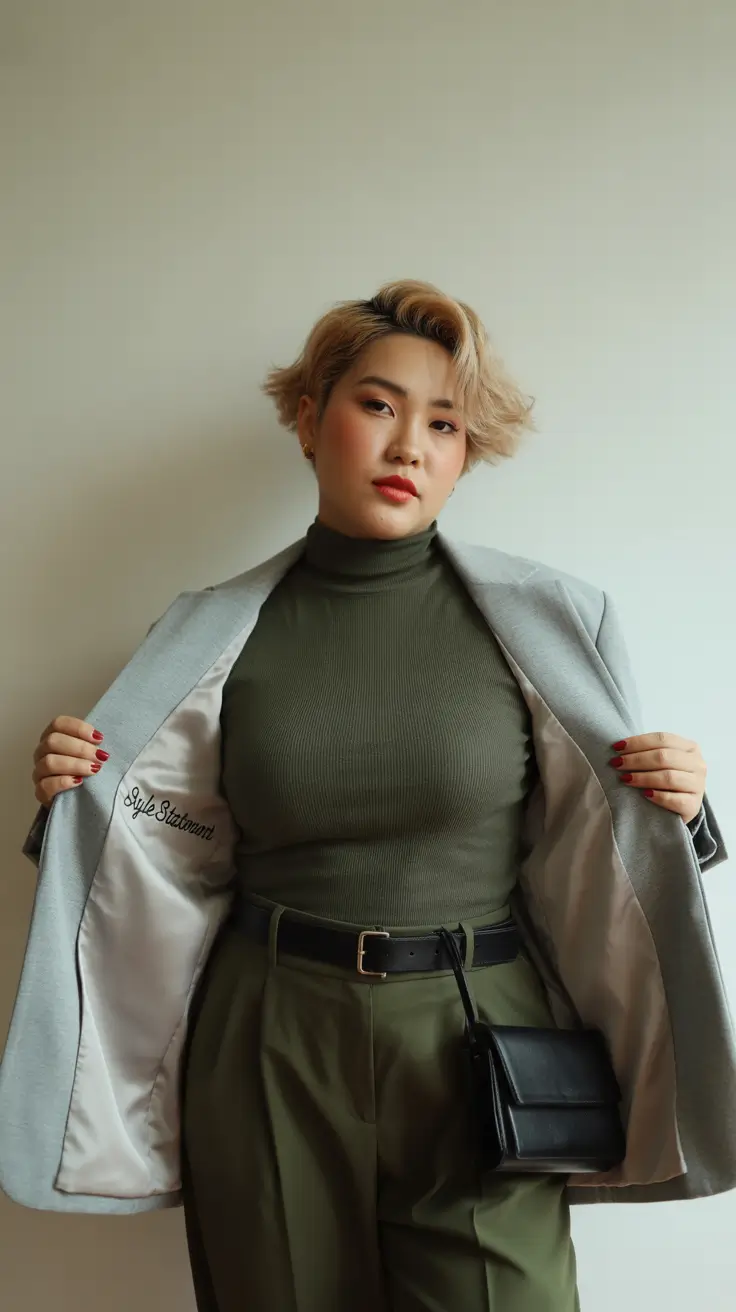 winter capsule wardrobe plus size women Structured Olive Power