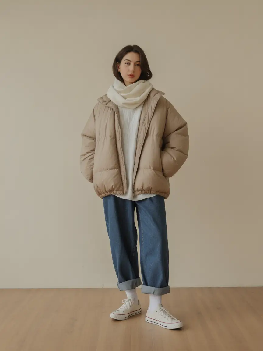 casual winter outfits Soft Neutrals with Denim Ease