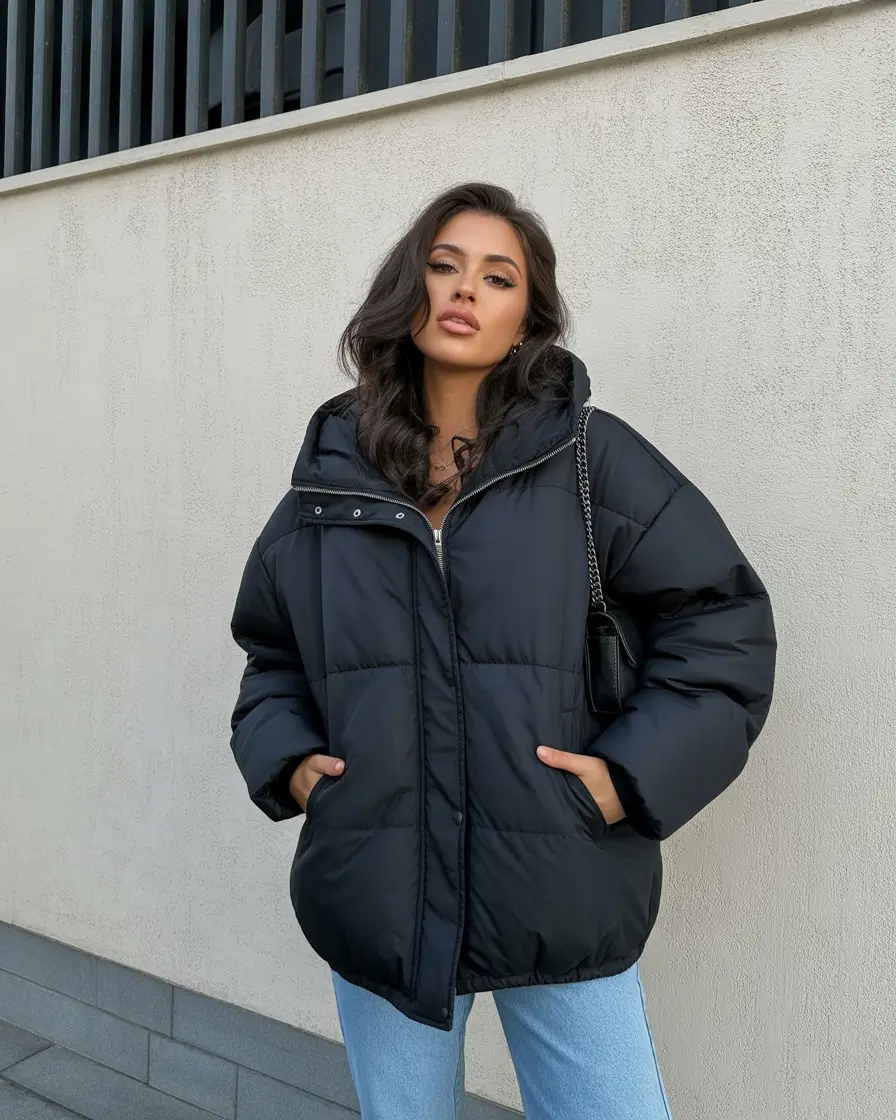 casual winter outfits All-Black Puff Perfection