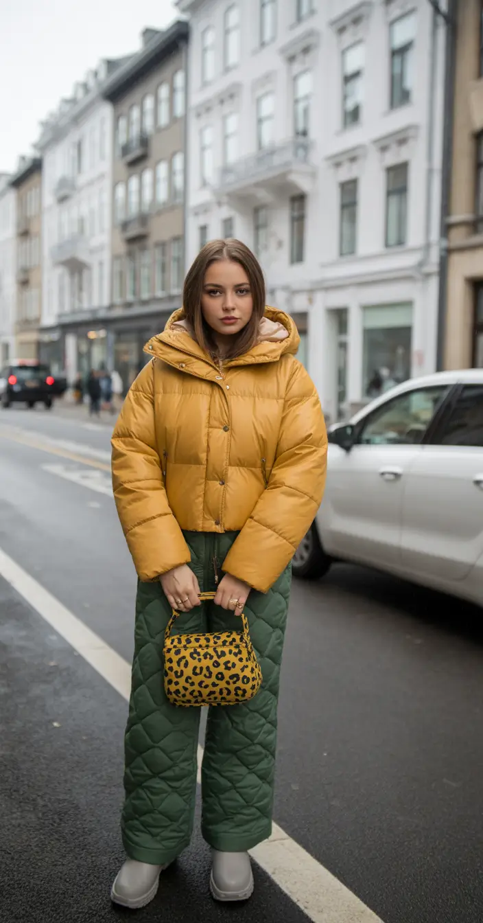 chic outfits for winter 2025-2026 Golden Puffer and Quilted Comfort