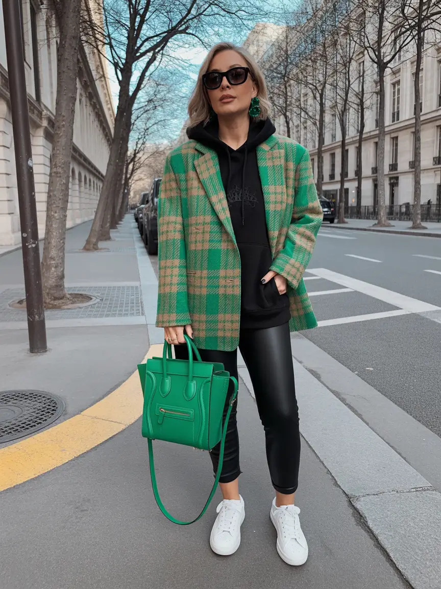 chic outfits for winter 2025-2026 Green Plaid and Leather Edge