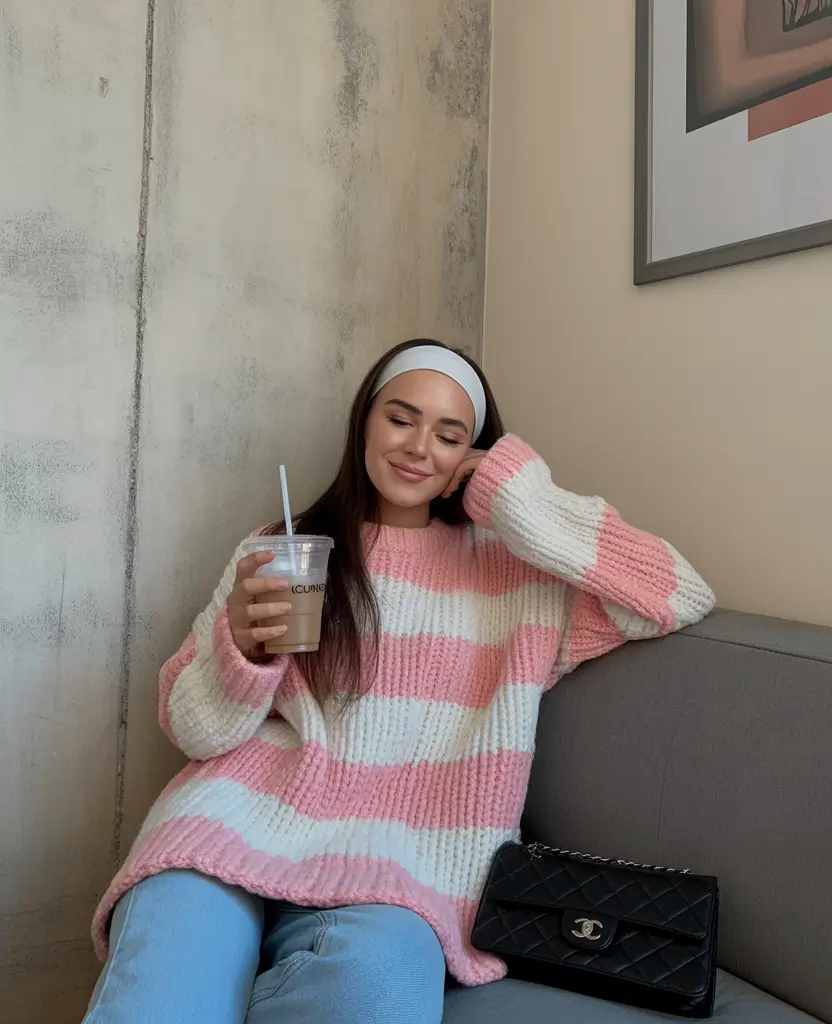 chic outfits for winter 2025-2026 Pastel Stripes and Denim