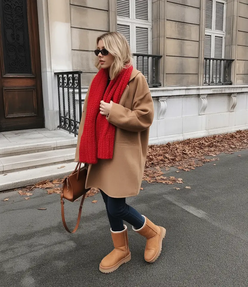 chic outfits for winter 2025-2026 Camel Coat with a Red Pop