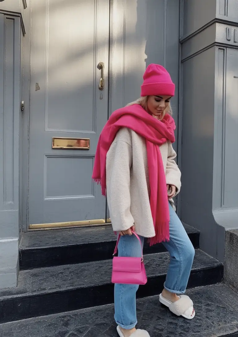 chic outfits for winter 2025-2026 Pop of Hot Pink