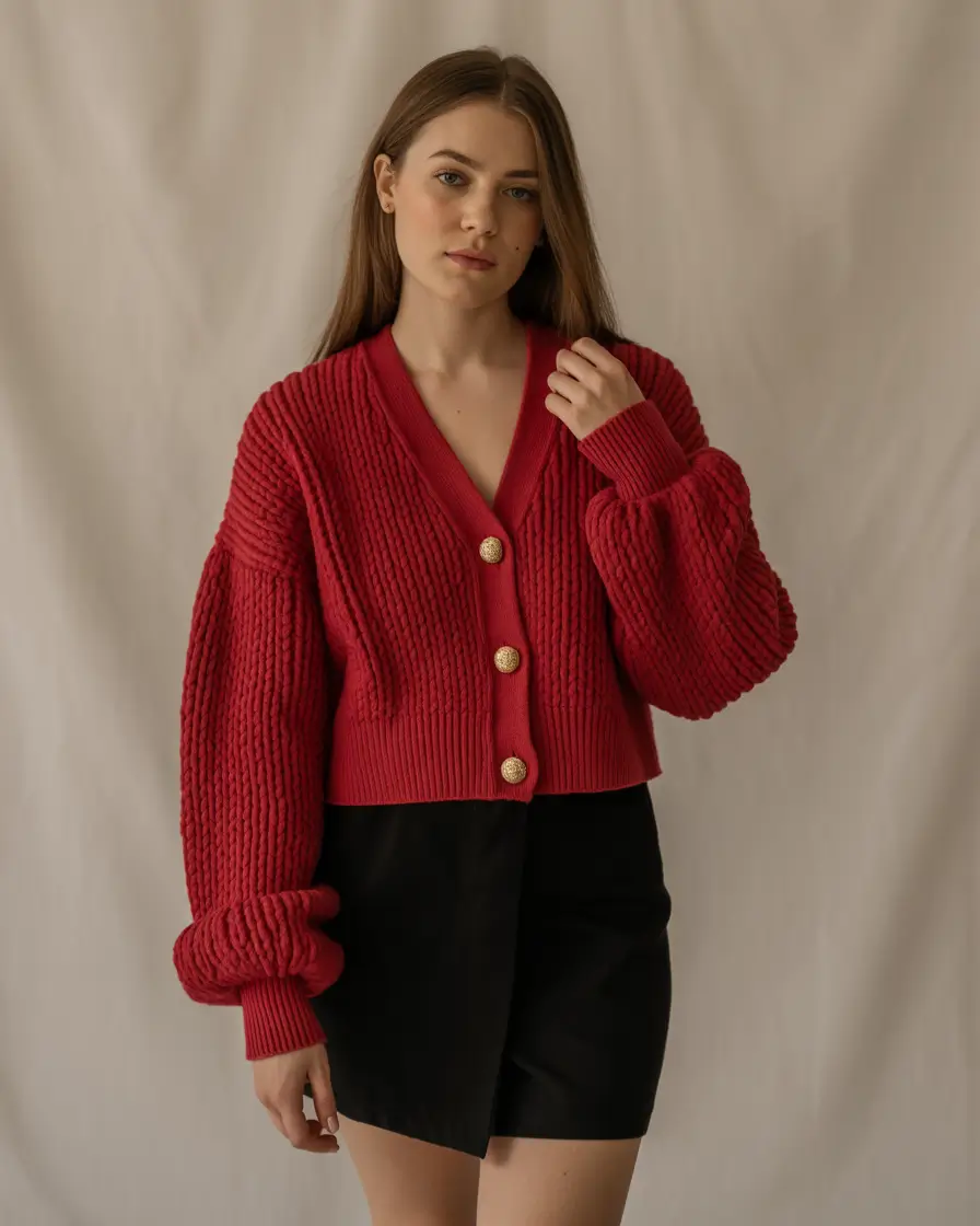 chic outfits for winter 2025-2026 Cherry Knit and Mini Contrast