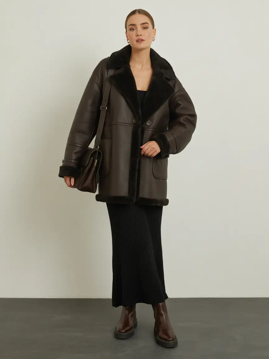 chic outfits for winter 2025-2026 Shearling Power Coat