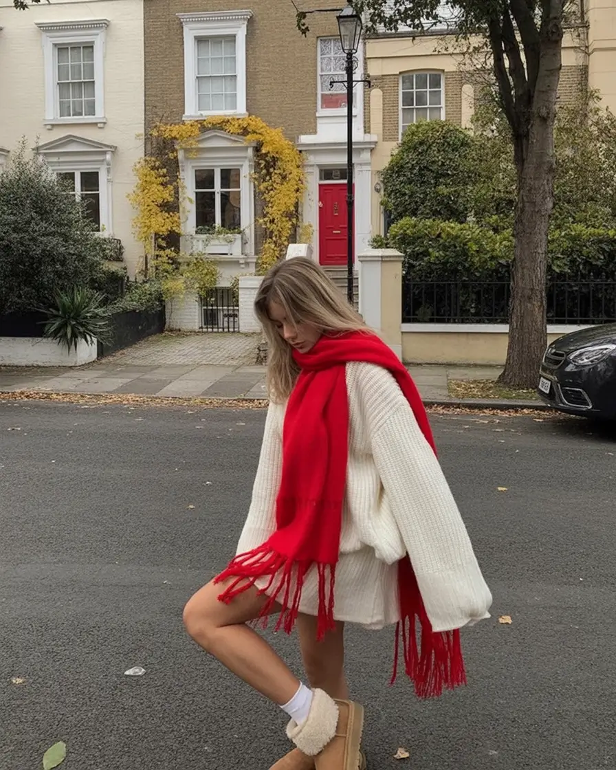 chic outfits for winter 2025-2026 Playful Red Scarf Energy
