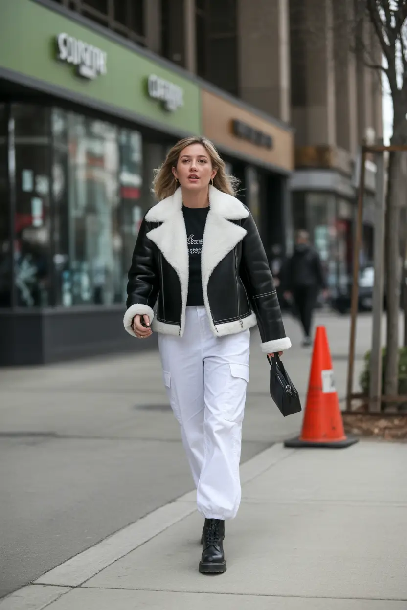 comfy winter outfits for work shearling contrast