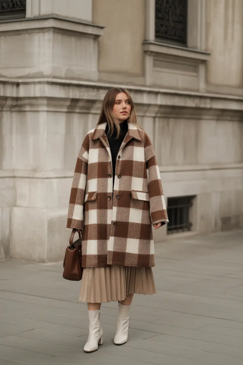 comfy winter outfits for women checks pleats