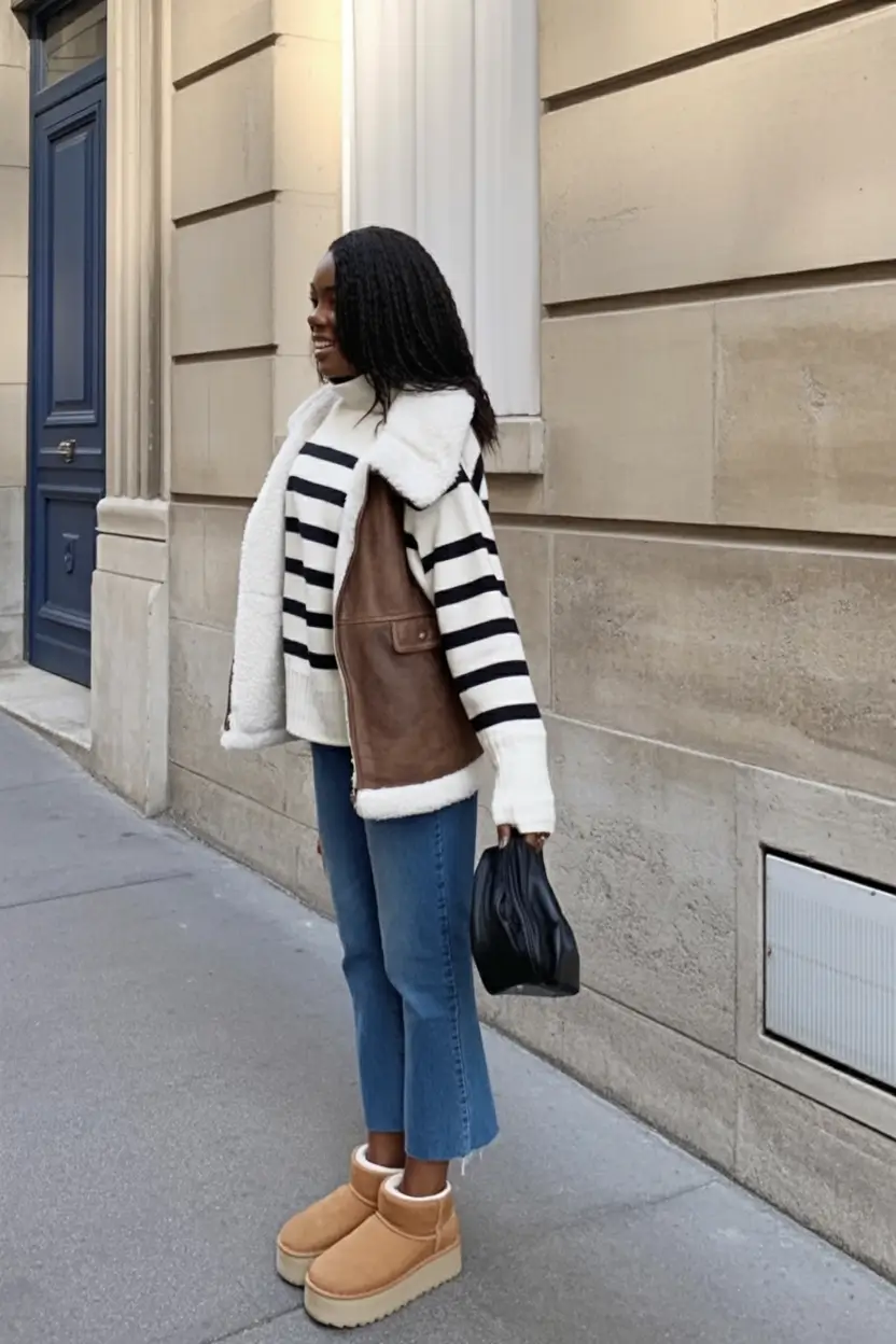 comfy winter outfits casual stripes shearling denim