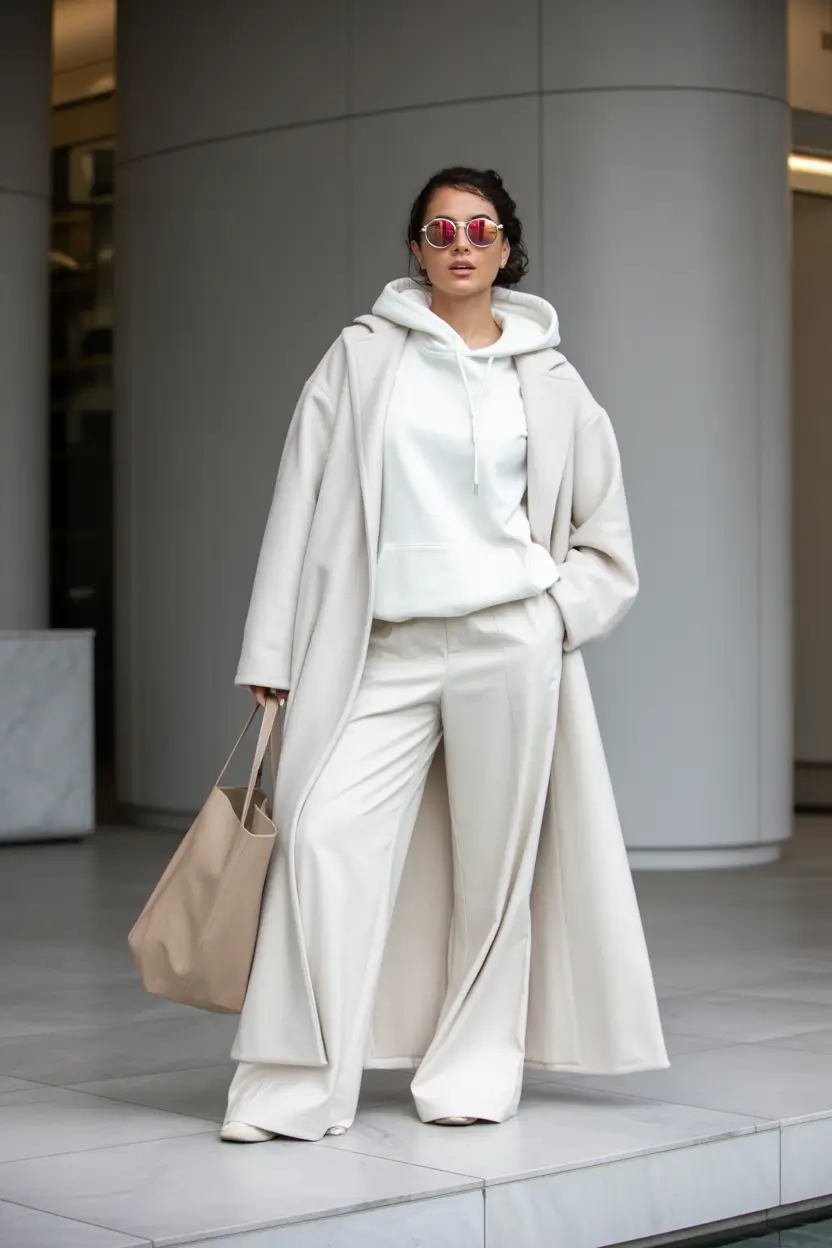 comfy winter outfits work all white monochrome