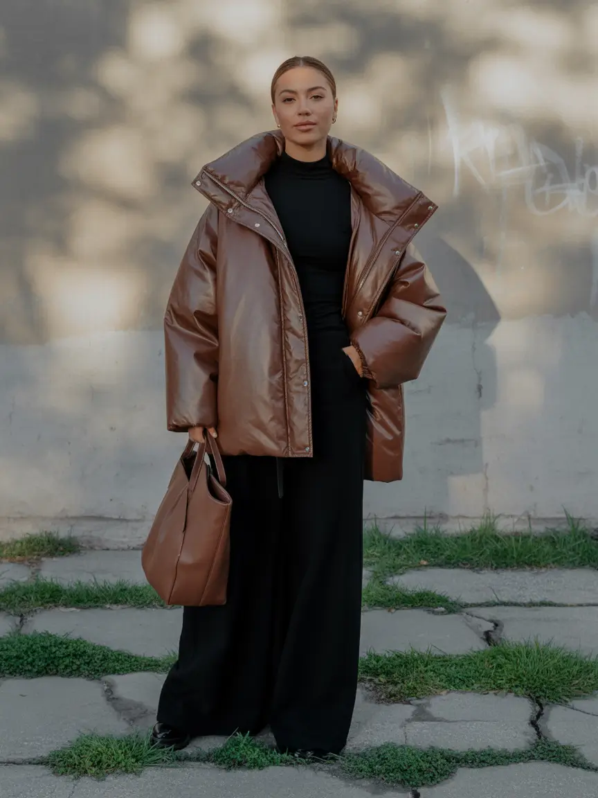 comfy winter outfits 2025 brown puffer black