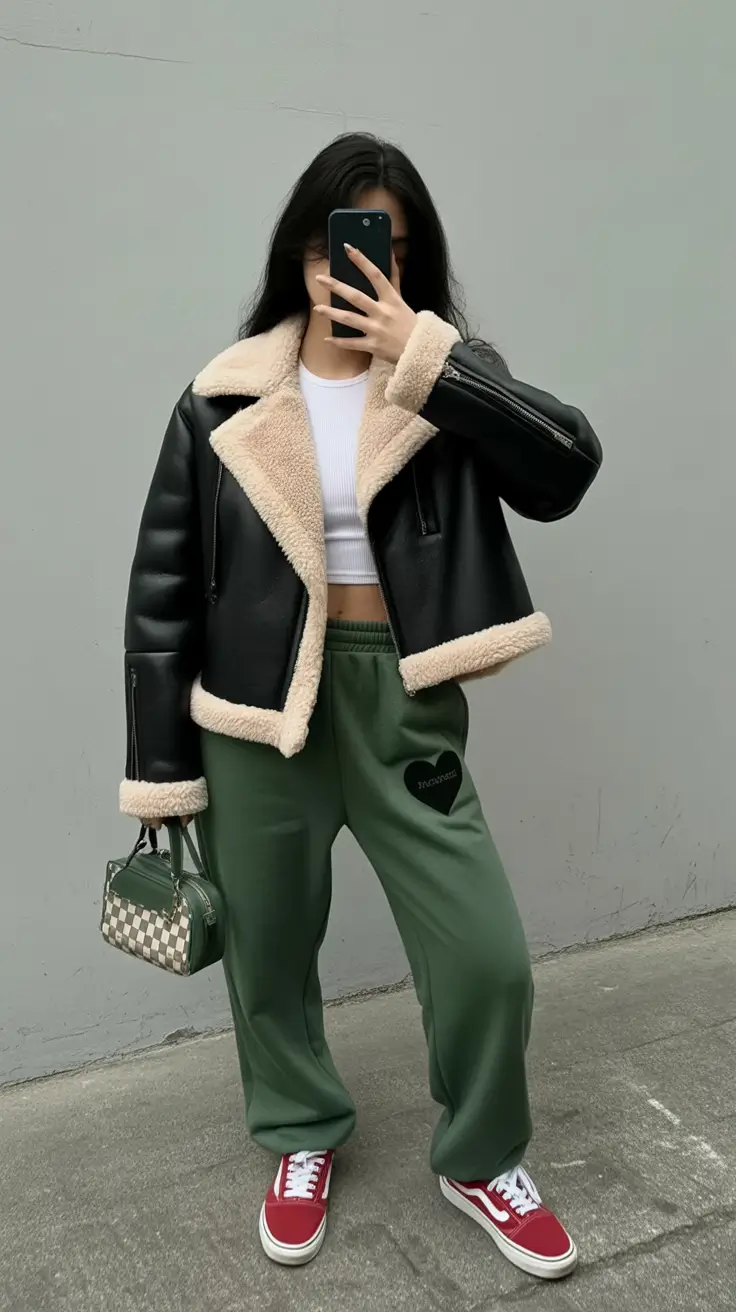 comfy winter outfits sweatpants shearling edge