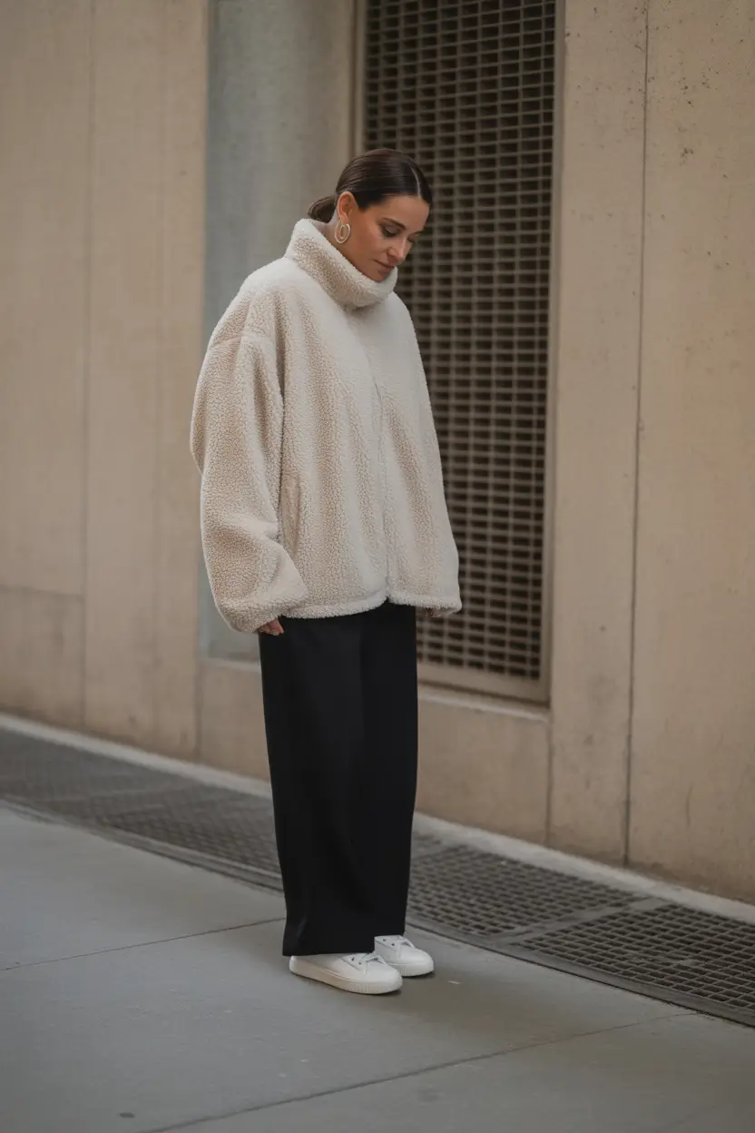 comfy winter outfits for work cream fleece