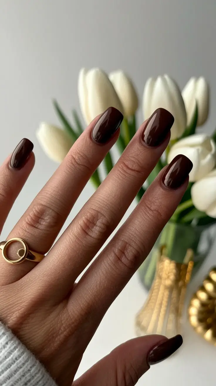 fall nail colors for brown skin 2025 Glossy Espresso Charm
