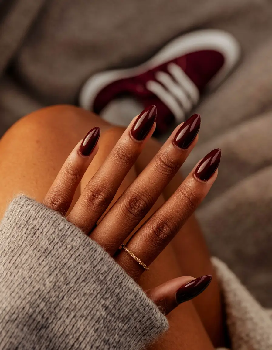 fall nail colors for brown skin almond 2025 Cranberry Comfort