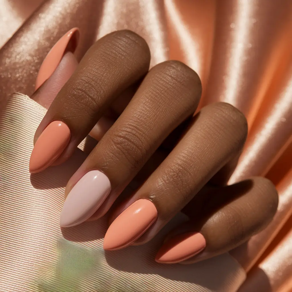 fall nail colors for brown skin almond 2025 Peach Sorbet Twist