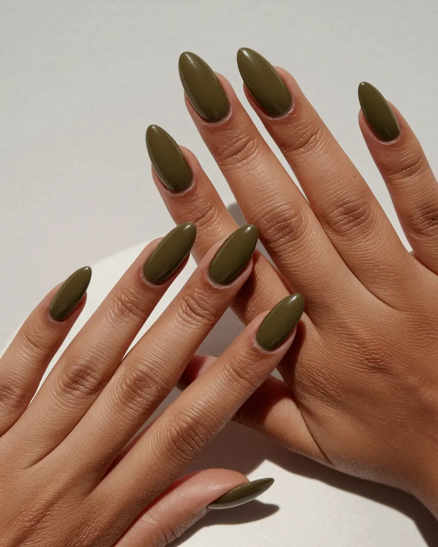 fall nail colors for brown skin almond 2025 Olive Grove Calm