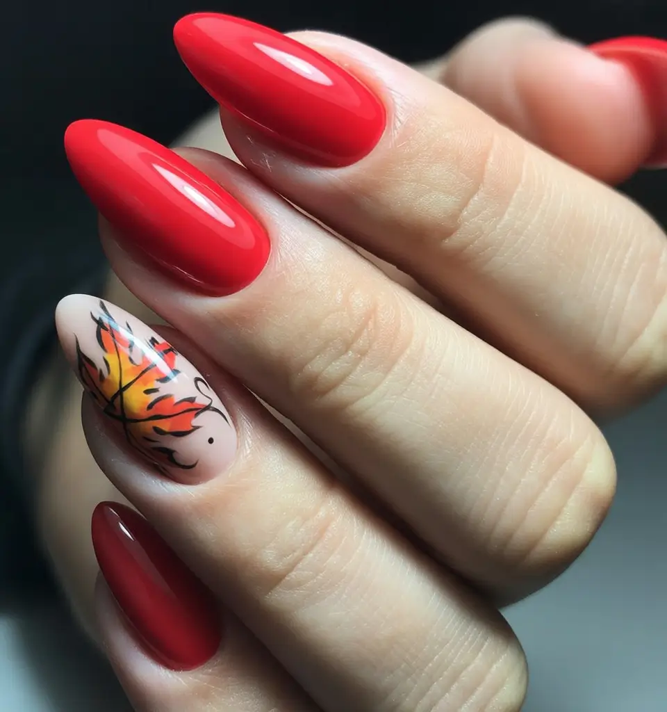 november nail art fall design Fiery Red Leaf
