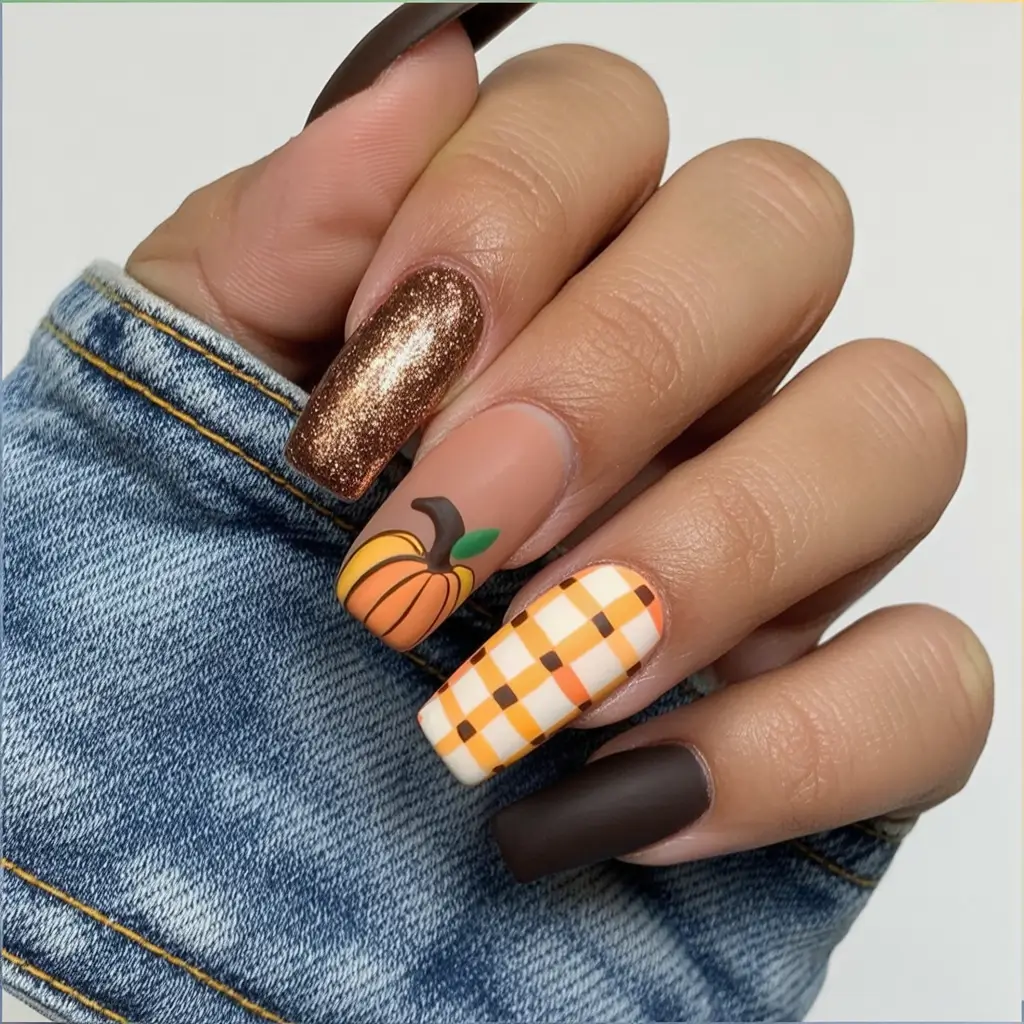 nail design for november Pumpkin & Plaid Delight