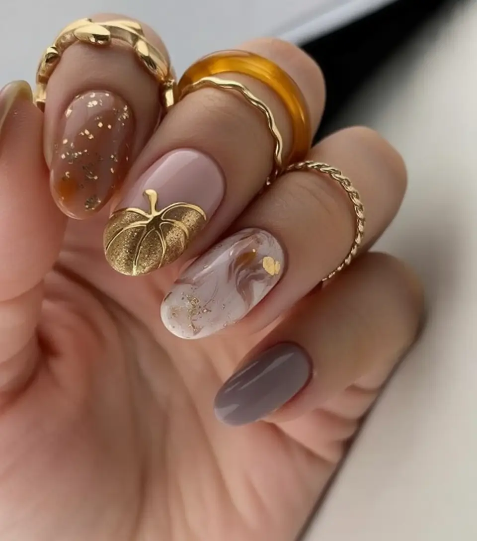 nail design november 2025 Golden Pumpkin Marble