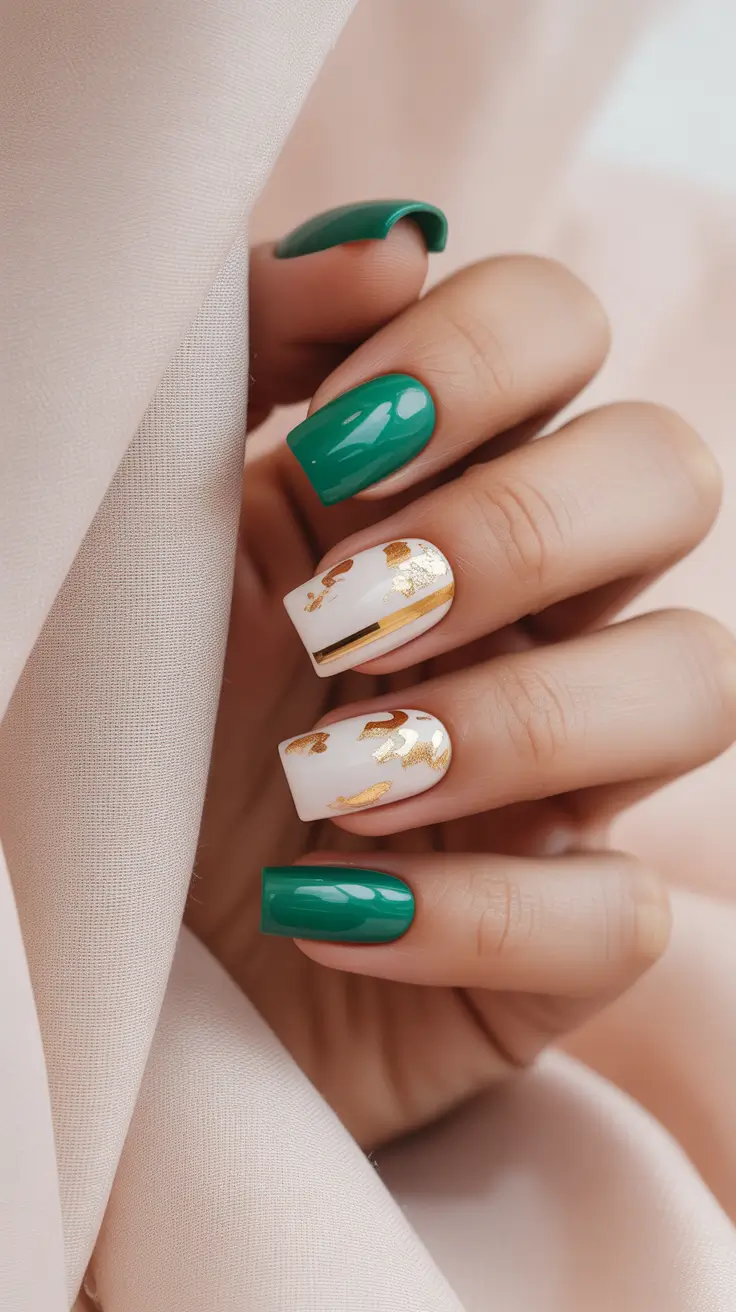 november nail inspo design Emerald & Gold Accents