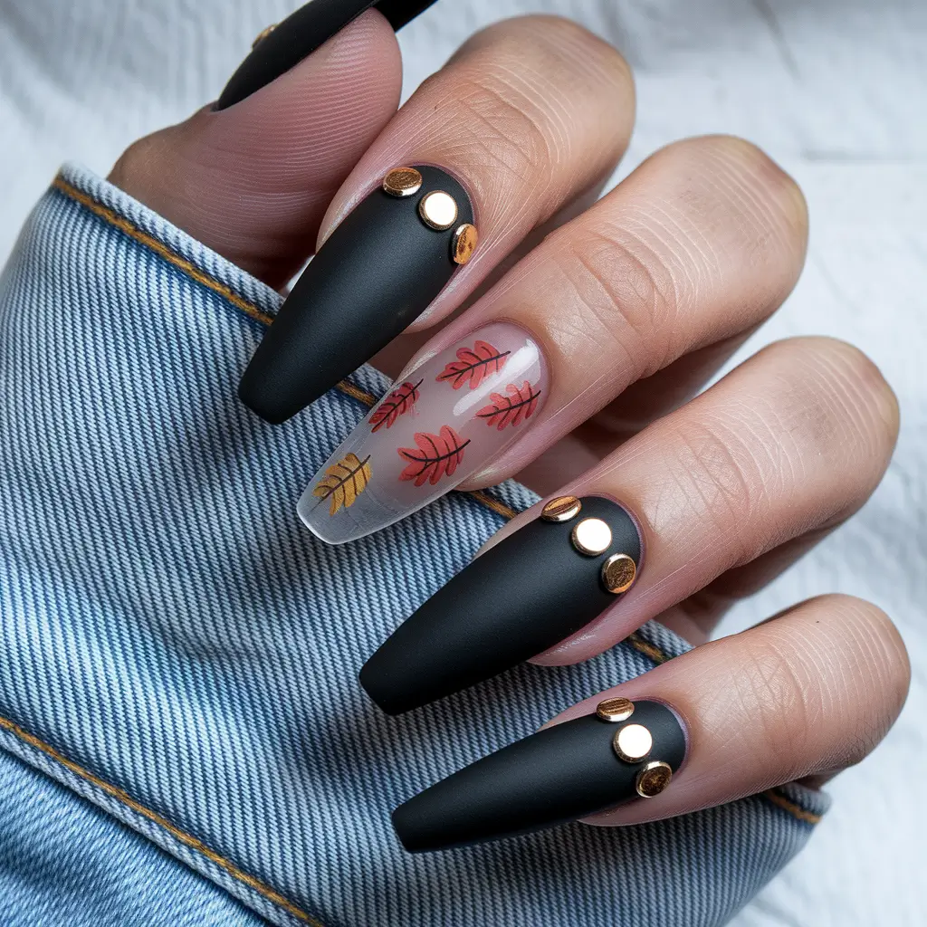 Fall Nail design Matte Black Elegance with Autumn Leaf Accents