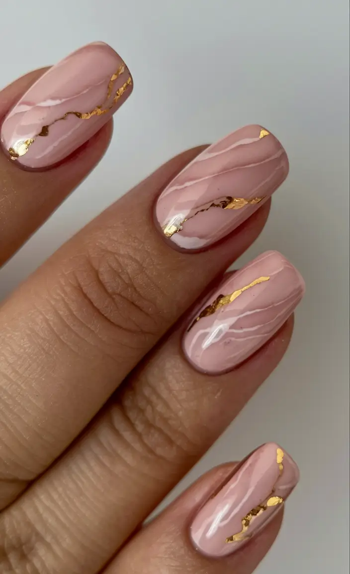 Fall Nail design Rose Quartz Marble with Golden Veins