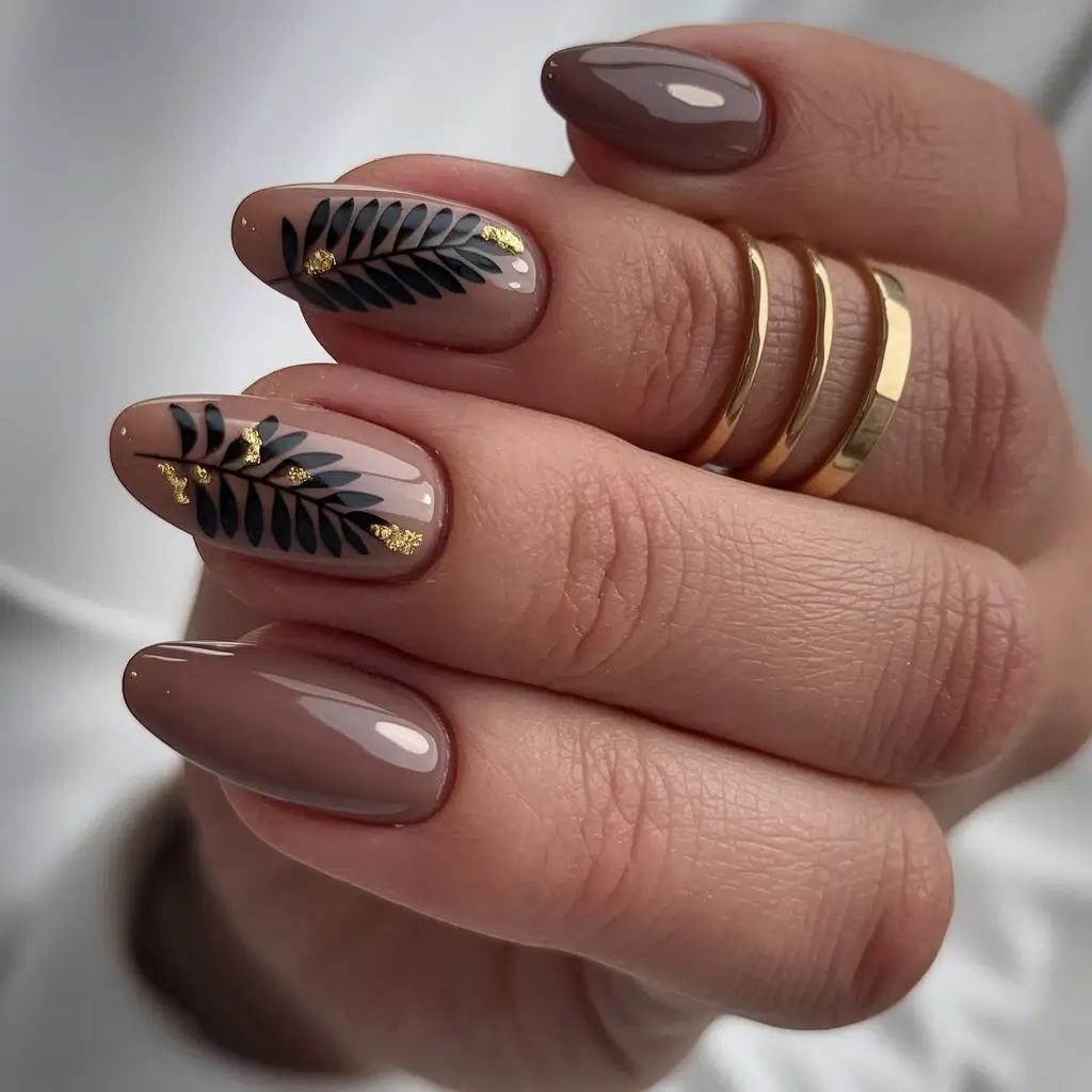 Fall Nail design Neutral Almond with Botanical Accents