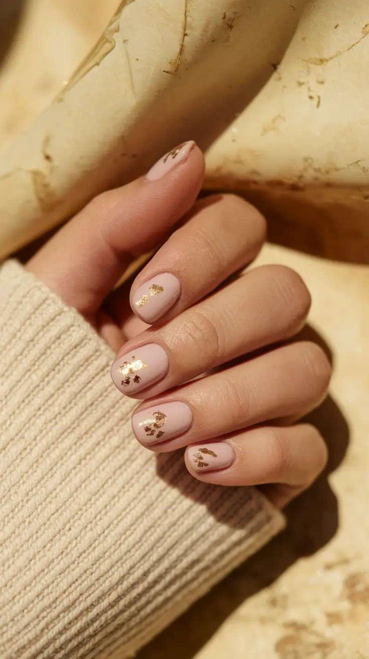 Fall Nail design Soft Beige with Golden Foil Flecks