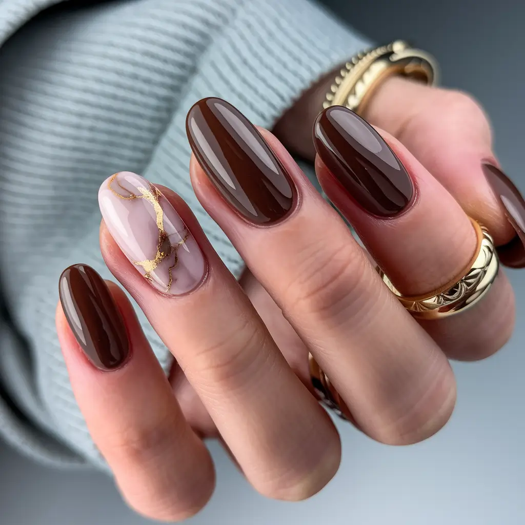 Fall Nail design Chocolate Gloss with Marble Accent