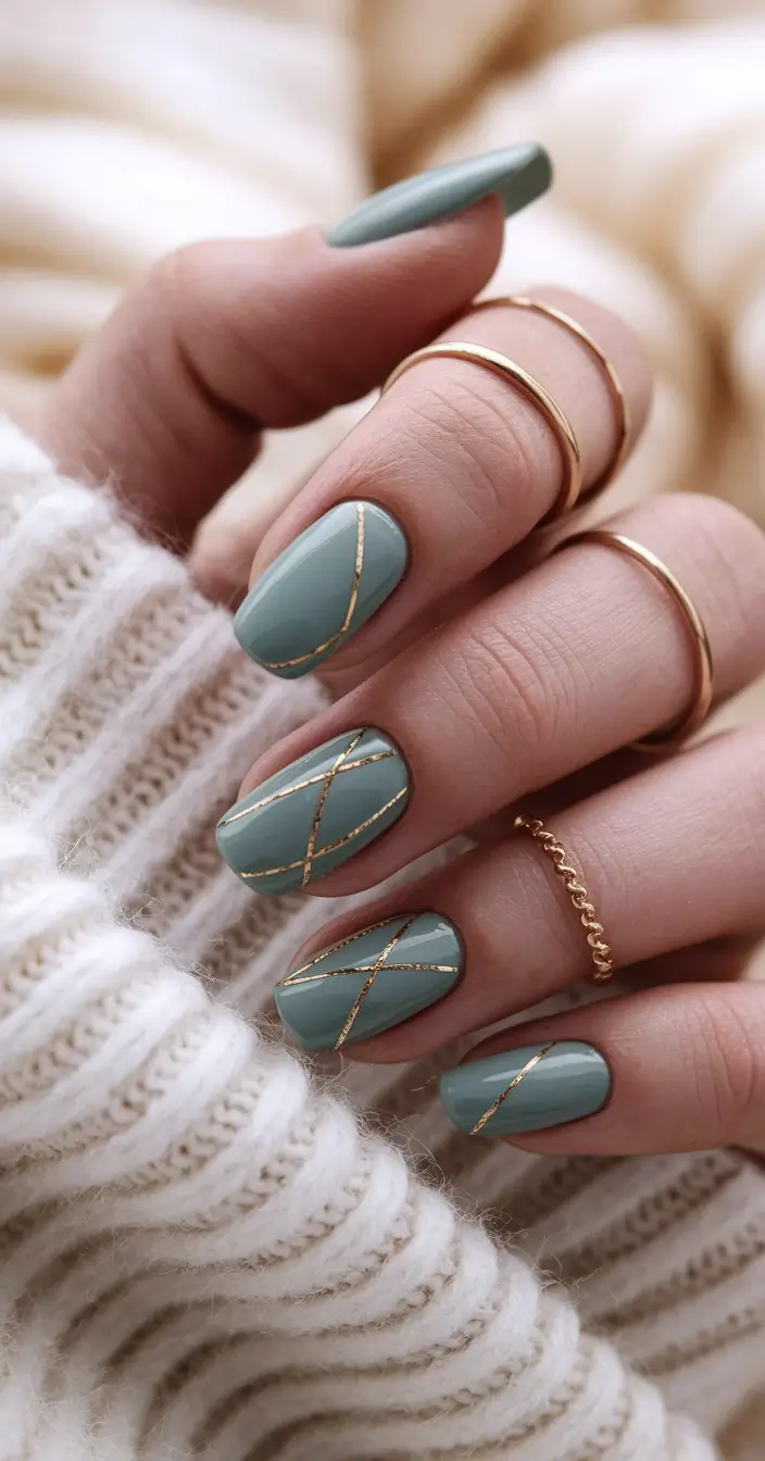 Fall Nail design Muted Teal with Golden Lattice