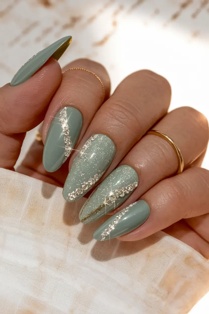 Fall Nail design Sage Sparkle with Glitter Accents