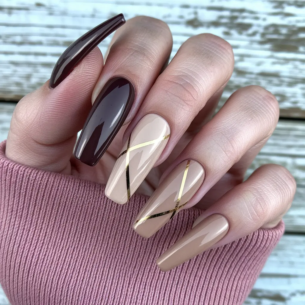 Fall Nail design Deep Cherry Red with Nude Geometry