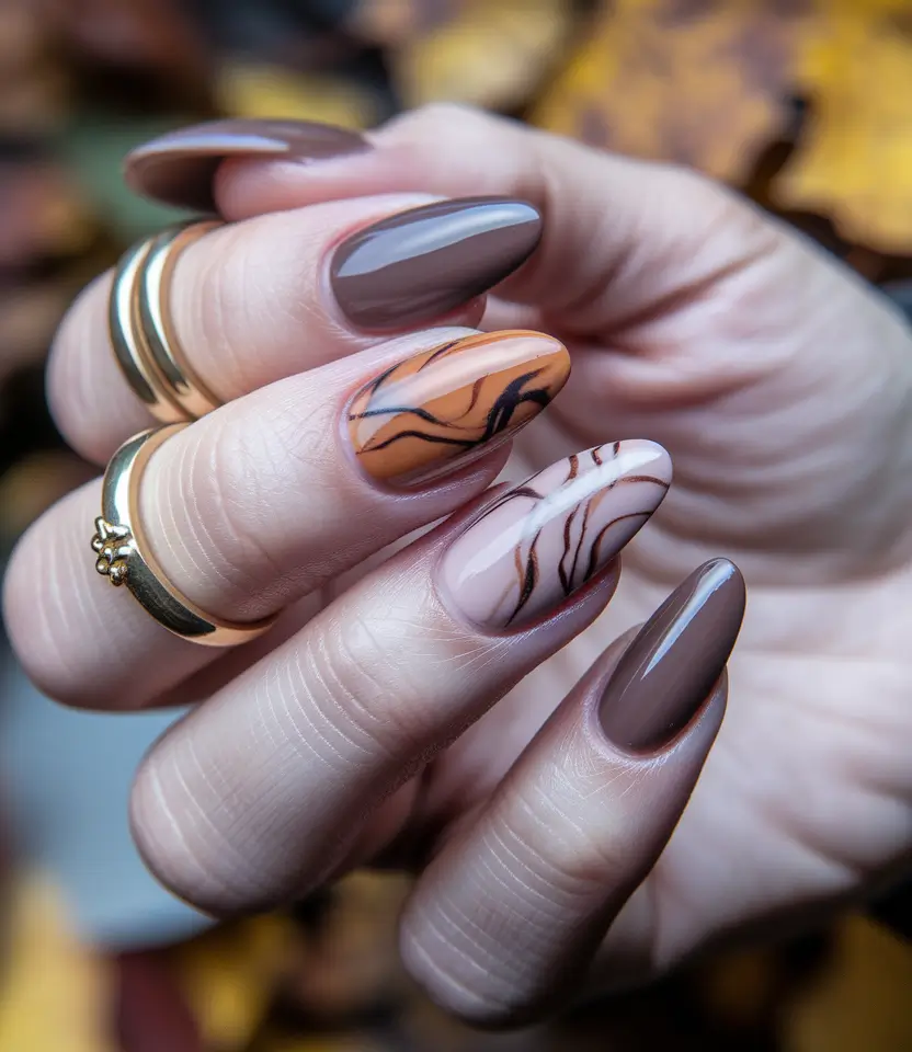 Fall Nail design Warm Earth Tones with Flowing Lines