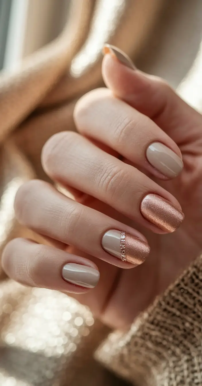 Fall Nail design Champagne Glow with Metallic Accent