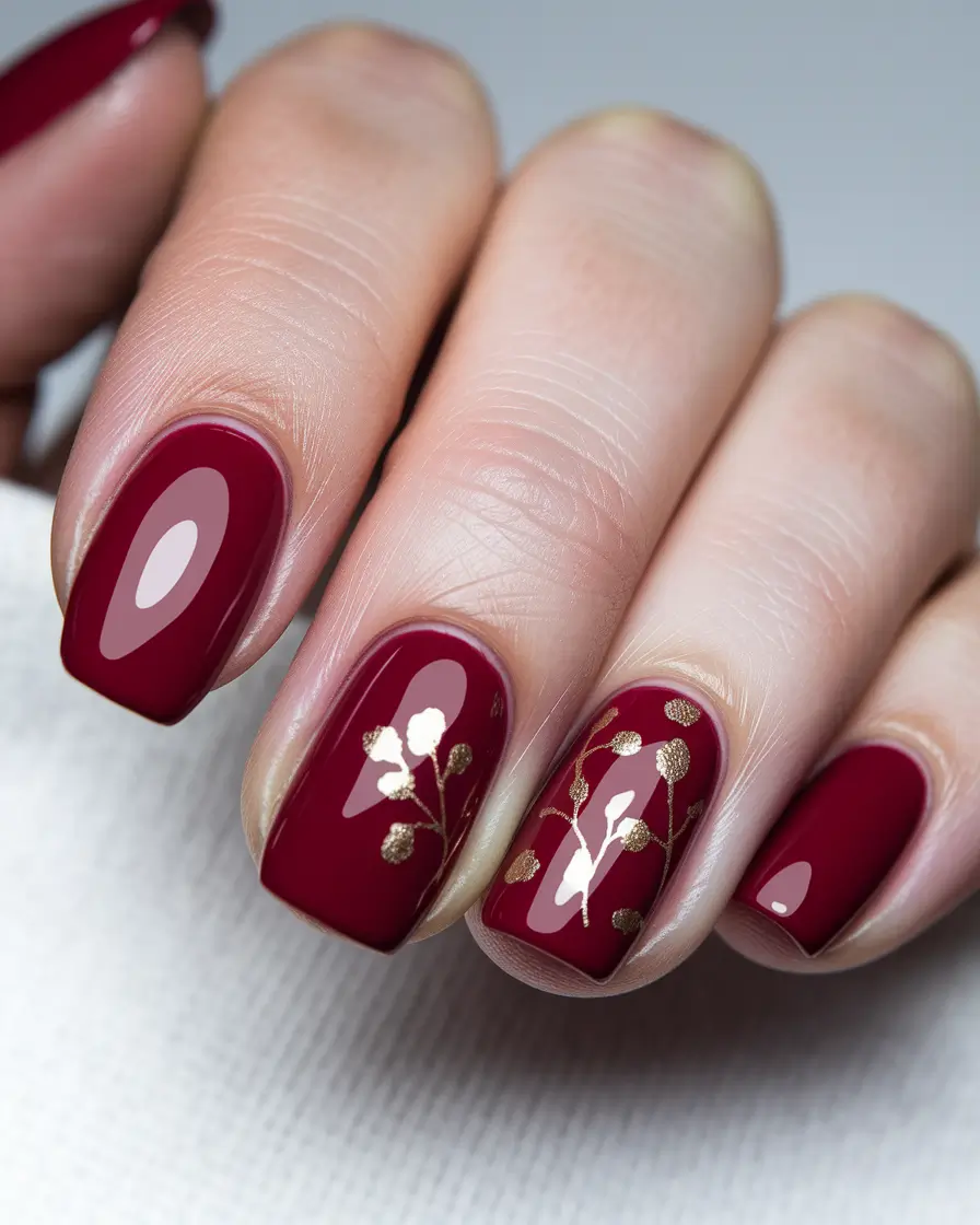 Fall Nail design Wine Red with Golden Botanic Details